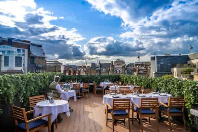 Rooftop garden terrace for corporate networking and upscale cocktail events.