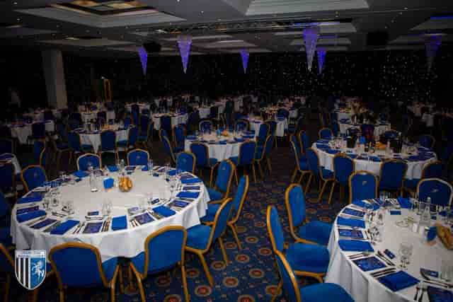 The Great Hall at Gillingham FC with star-lit banquet setup for corporate awards and gala dinners.