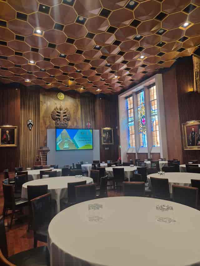 Historic Livery Hall with coffered ceiling, ideal for luxury banquet and conference venue hire.