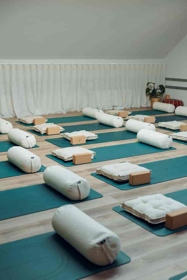 Wellness breakout studio with ergonomic tiered seating for corporate events and workshops.