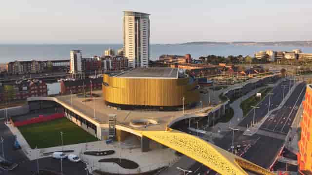 Swansea Arena exterior, featuring modern architecture for corporate events and entertainment.