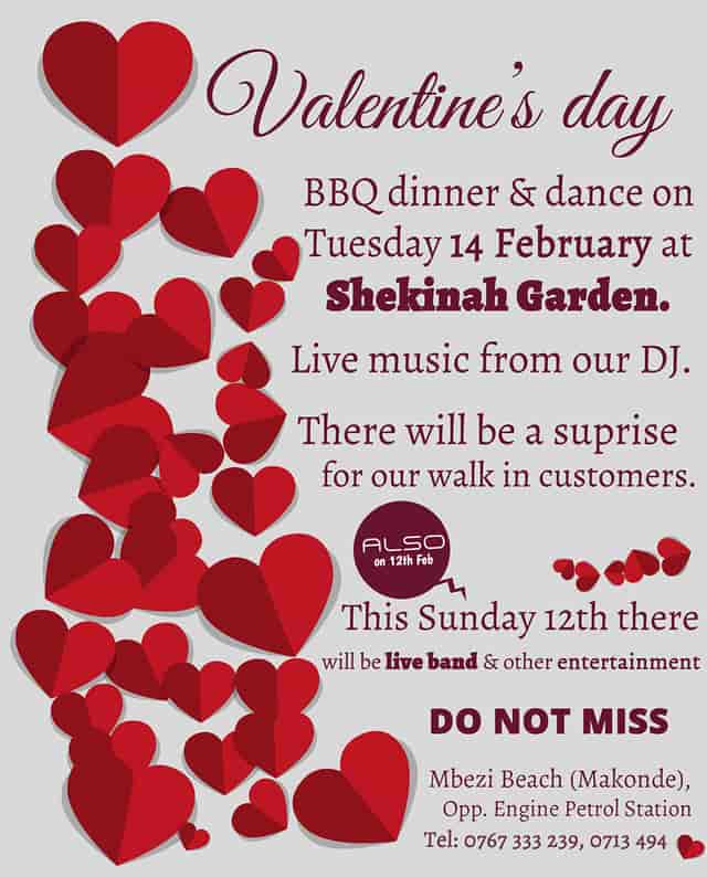 Valentine’s Day promotional flyer for Shekinah Garden with typo. Event marketing, garden decor.