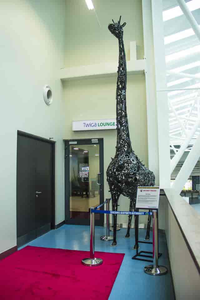 Oversized metal giraffe sculpture in Twiga Lounge, ideal for event space or corporate venue rental.
