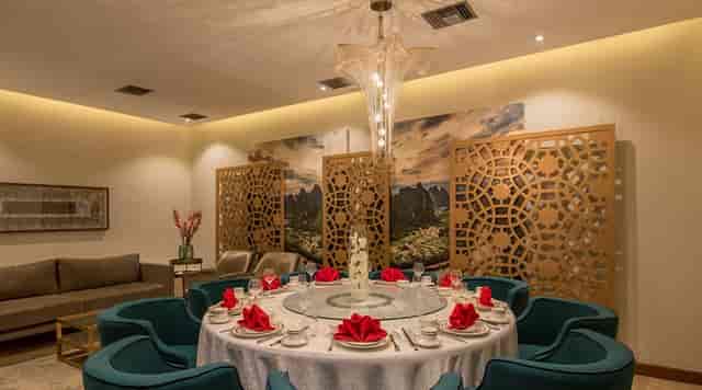 Luxury private dining room with lazy Susan for executive board meetings and VIP events.