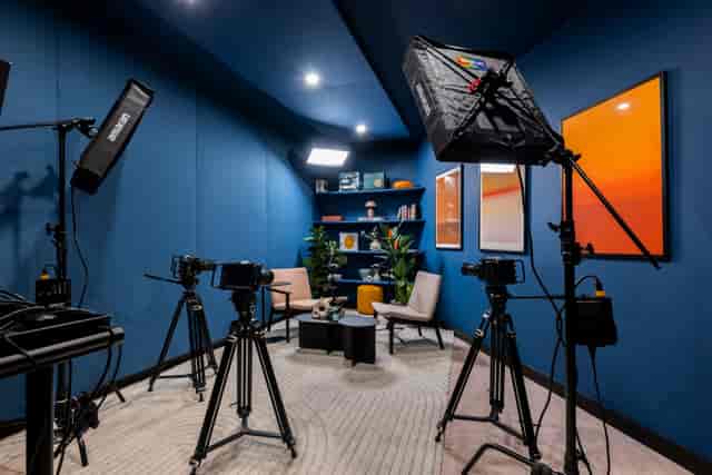 Video conferencing setup in Qube Elephant Lounge for hybrid meetings and webinars.
