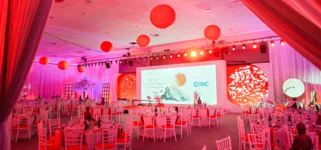 DoubleTree Milton Keynes ballroom gala with LED branding and lanterns for corporate events.