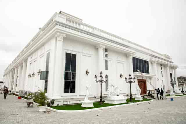 Neoclassical Apex Event Center during final prep for corporate event planning and venue rental.