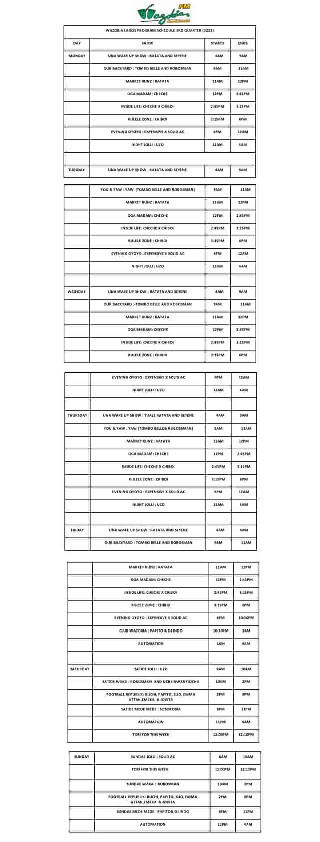 Wazobia WEP broadcast run-of-show schedule with segment timing for professional event production.