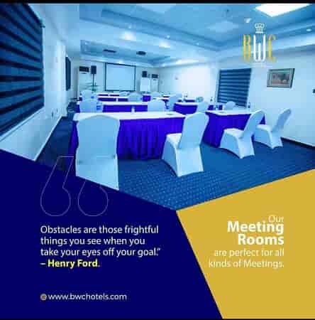 Classroom-style conference room at BWC Hotel with purple skirting for corporate training seminars.