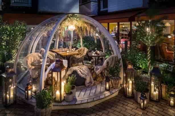 Heated transparent igloo at Brighton Music Hall for outdoor pop-up event venue.