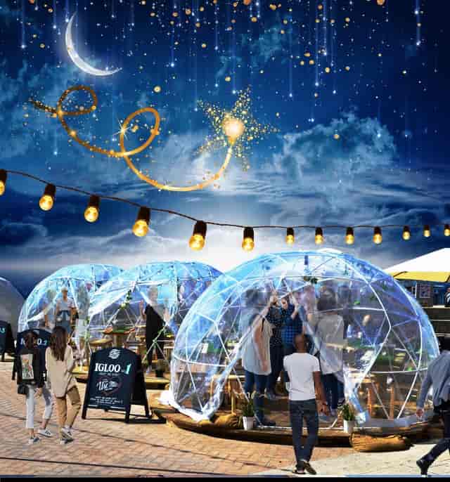 Geodesic heated igloos at Brighton Music Hall for outdoor event space and experiential dining.