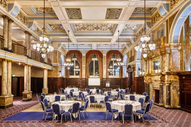 Alexandra Room ballroom with chandeliers for upscale galas and corporate dinners.