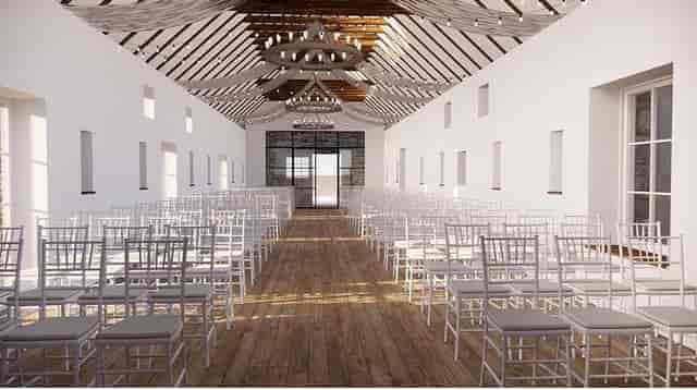 Coach House wedding venue with high ceilings for elegant rustic ceremonies and presentations.
