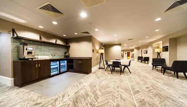 Modern conference center foyer for corporate events and professional business networking.