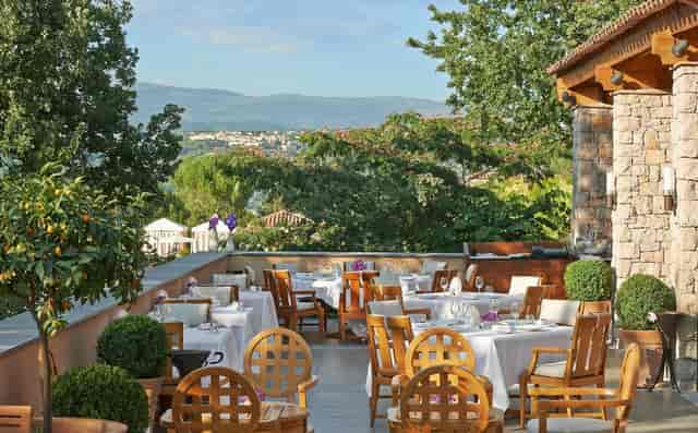 Fayence terrace at Terre Blanche: luxury outdoor venue for upscale incentive dinners and receptions.