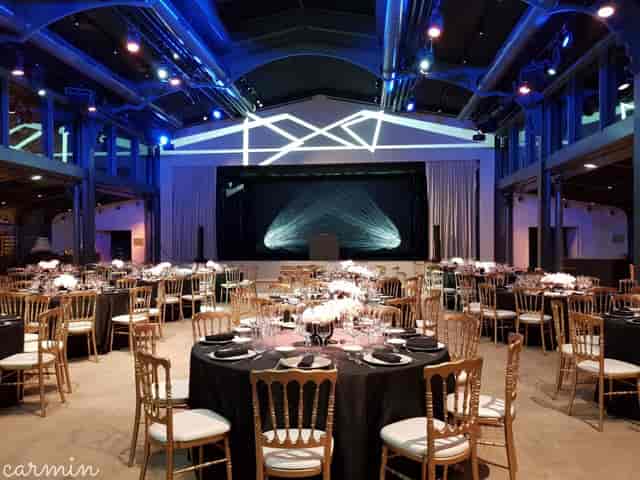 Gala banquet hall at Pavillon Gabriel with black-tie tables for corporate events and awards.
