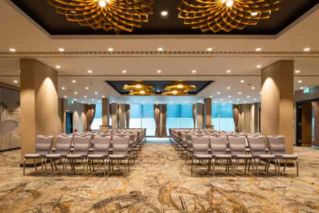 Theater-style ballroom at DoubleTree Woking for corporate seminars and business presentations.
