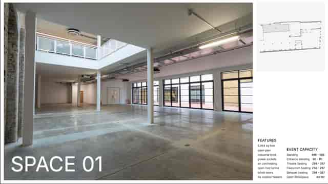 Industrial-chic venue in London with floor-to-ceiling windows for corporate events and exhibitions.