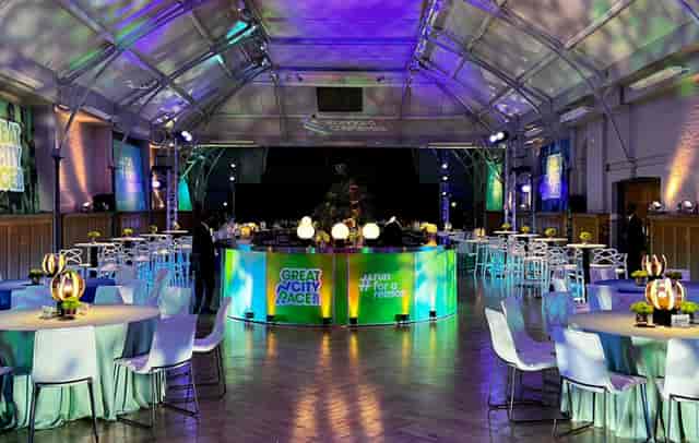 Prince Consort Rooms event space with elegant blue tables for sophisticated gatherings.
