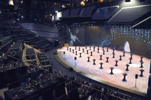Showpalast München theater venue with LED backdrop for corporate events and cocktail receptions.