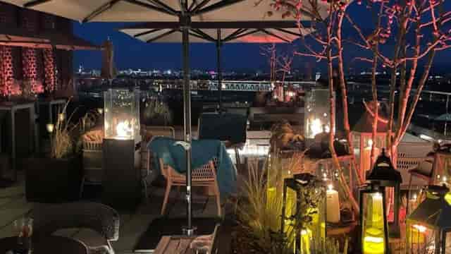 Rooftop terrace in Fitzroy Munich with fire pits for high-end networking and private events.