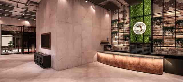 High-end branded bar at Kunst Location München, ideal for VIP receptions and corporate events.