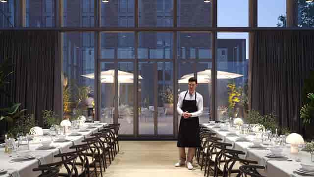 Panorama at Bergson Kunstkraftwerk: Minimalist venue for corporate galas and elegant dinners.