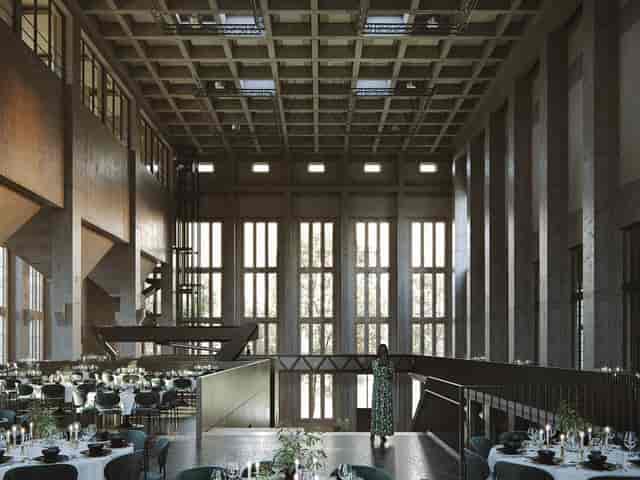 Industrial-chic loft venue at Kunstkraftwerk, perfect for luxury galas and corporate dinners.