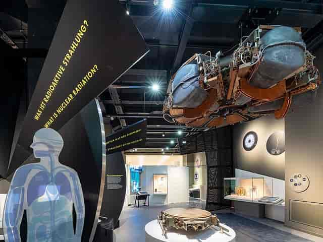 Deutsches Museum exhibition hall with overhead art, interactive zones, event venue, and museum tour.