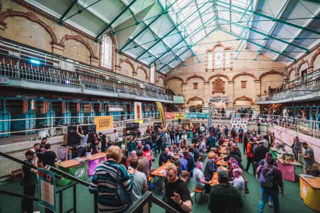 Victoria Baths Gala Pool: Industrial heritage venue for communal dining and corporate events.