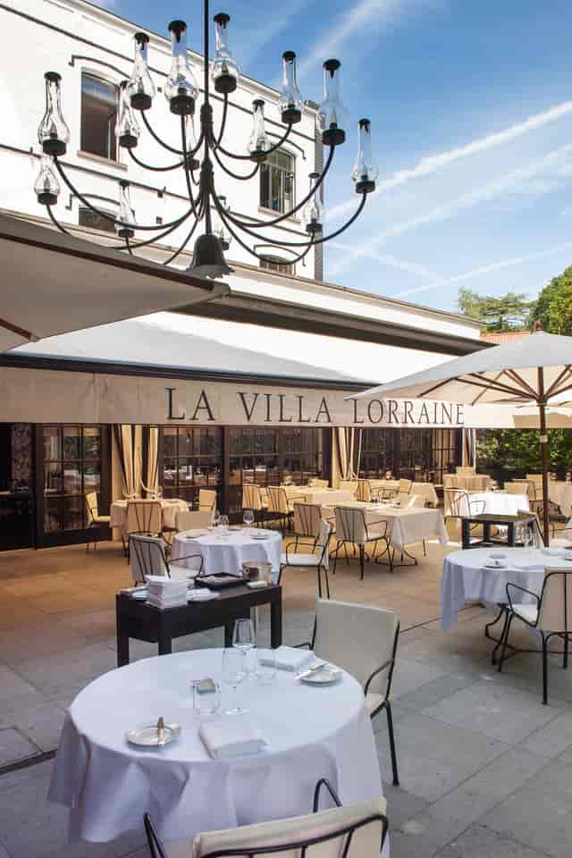 Upscale outdoor terrace at La Villa Lorraine for corporate luncheons and gala events.