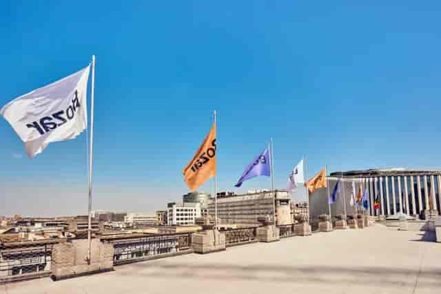 Bozar Rooftop bar branding, vertical architectural display for corporate event and conference.