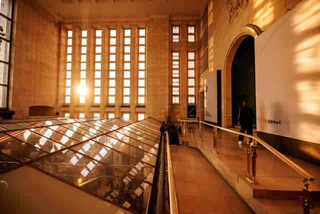 Plein Publiek BXL exhibition venue with dramatic lighting for corporate receptions and events.