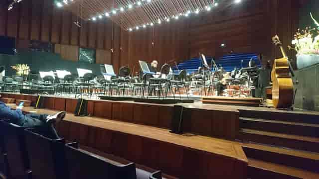 Oslo Philharmonic music room stage with orchestral risers for concert rehearsal and event rental.