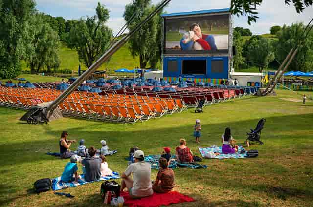 Kino Open Air cinema with tiered seating and lawn space for outdoor movie events.