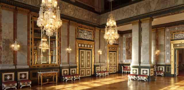 Ornate Christiansborg Slot reception room with crystal chandeliers for luxury galas and VIP events.