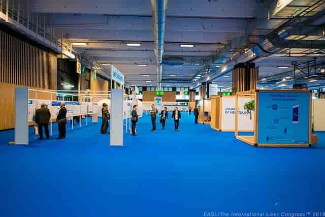 Viparis exhibition hall with poster session layout for academic and technical networking events.