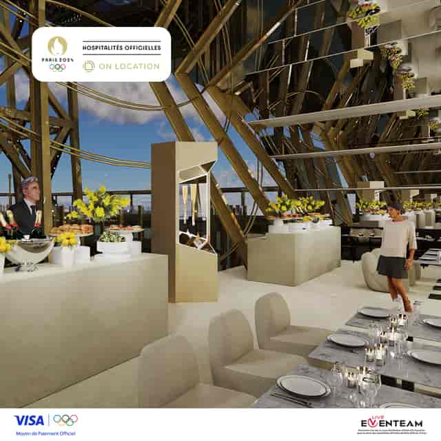 Gustave Événements luxury lounge, minimalist Eiffel Tower event space, premium corporate venue.