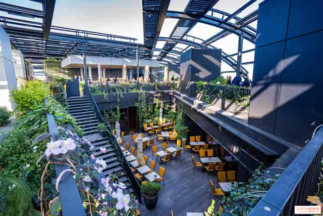 Terrasse des Halles rooftop bar: tiered, retractable-roof venue for corporate networking events.
