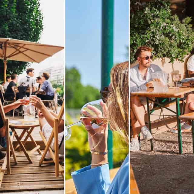 Outdoor networking reception at Grand Bleu terrace with casual seating and shade.