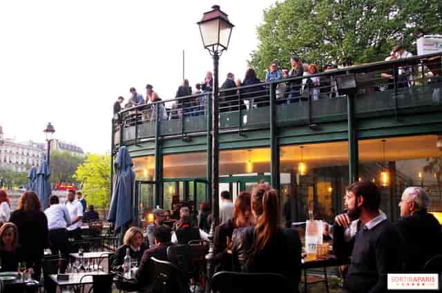 Multi-level Grand Bleu beer garden with tiered seating for corporate networking and events.