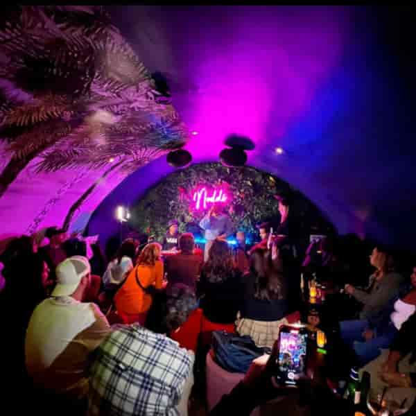 BAR AU RDC event space with greenery wall and neon signage for evening mixers and performances.