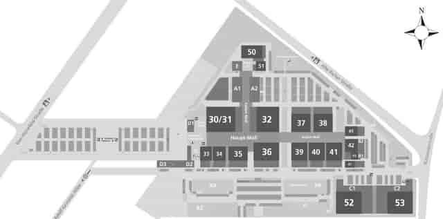 Studio 50 floor plan map at MMC Film & TV Studios Cologne for exhibition event logistics.