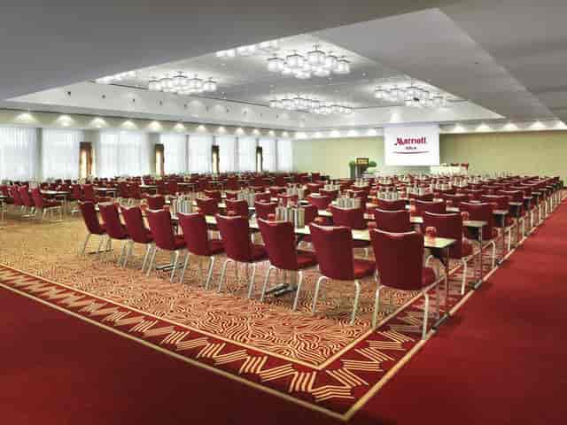 Cologne Marriott Hotel ballroom in classroom setup for corporate training and seminar events.