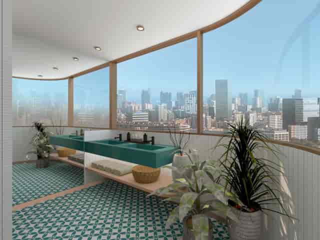 Luxury hotel meeting room restroom with skyline view for premium corporate events and conferences.