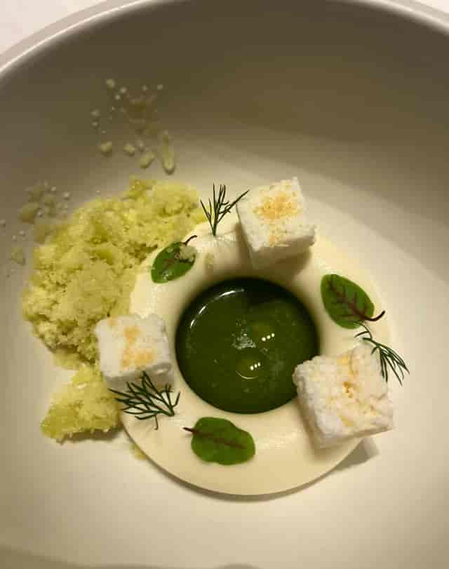 Minimalist deconstructed starter at a C-suite gala dinner, high-end plated culinary presentation.