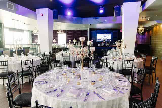 The Vue ballroom with crystal centerpieces, perfect for formal events and wedding receptions.