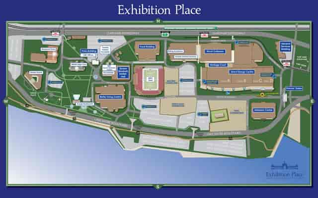 Queen Elizabeth Building site map: Exhibition Place venue for conventions and trade shows.