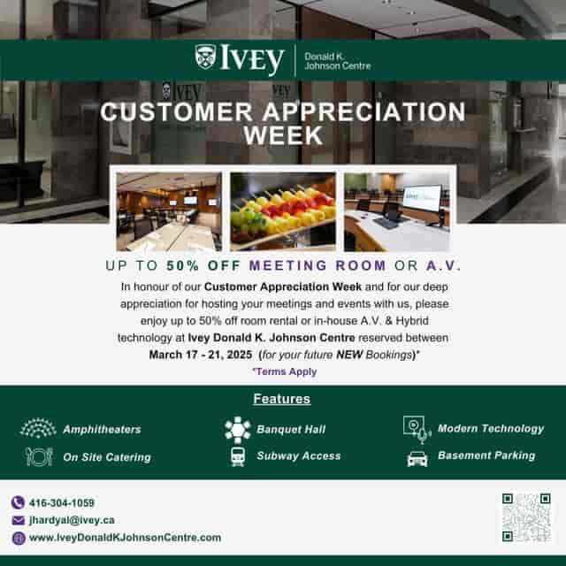 Ivey Donald K. Johnson Centre flyer, 50% discount meeting room rental promotion for event booking.