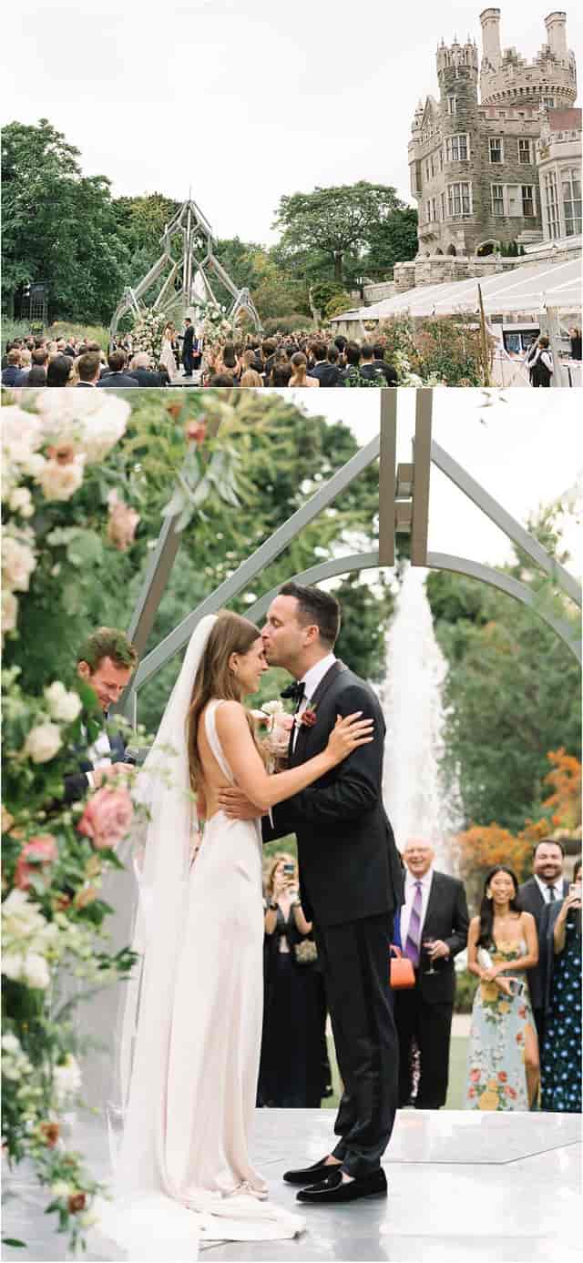 Outdoor wedding ceremony at Casa Loma Glass Pavilion with fountain backdrop and floral decor.